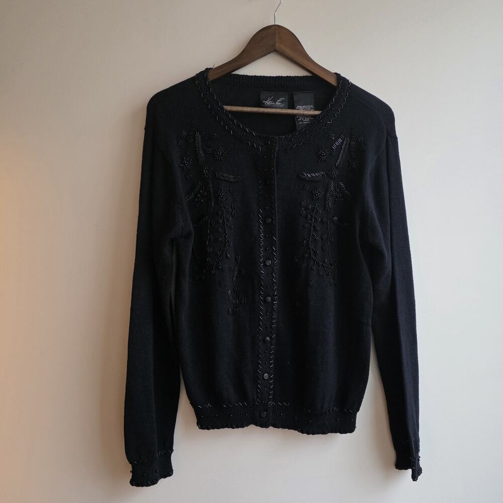 Kathie‎ Lee Black Beaded M Button Down Cardigan Dark Coquette Romantic Feminine